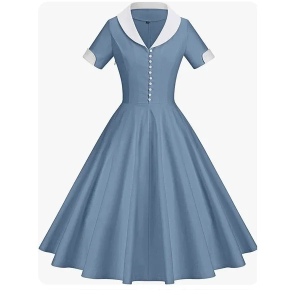 New GownTown Womens 1950s Cape Collar Vintage Swing Stretchy Blue White Dress 2X - Picture 1 of 12
